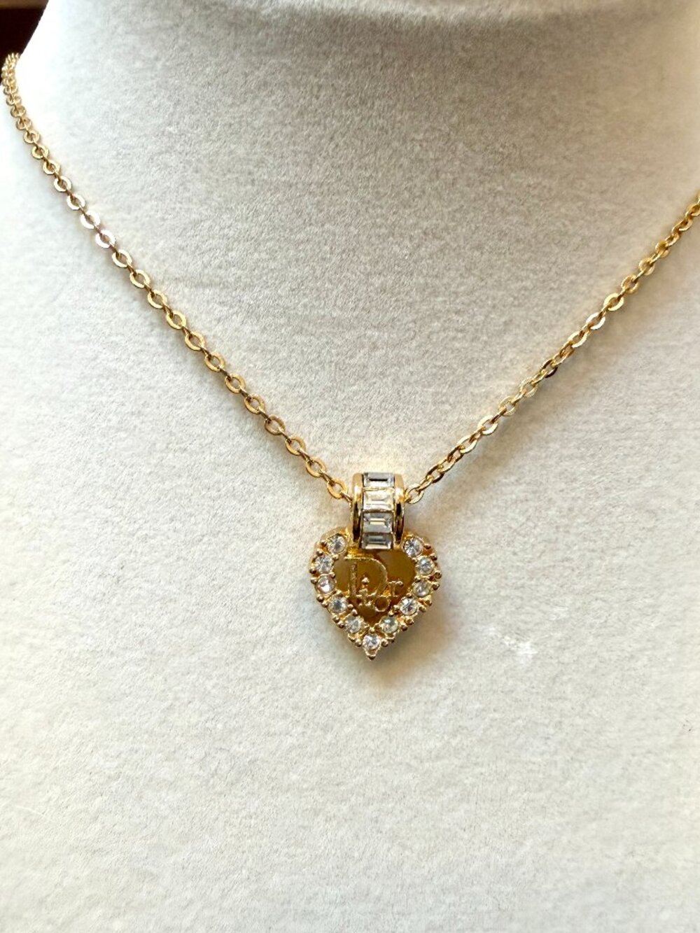 Authentic Vintage Christian Dior Crystal Heart Gold-Tone Trotter Necklace
